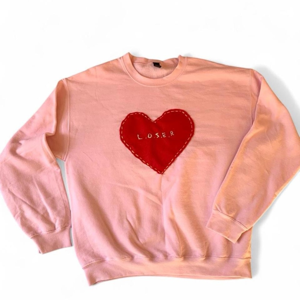 Gildan Pink Sweater with Red Heart Patch